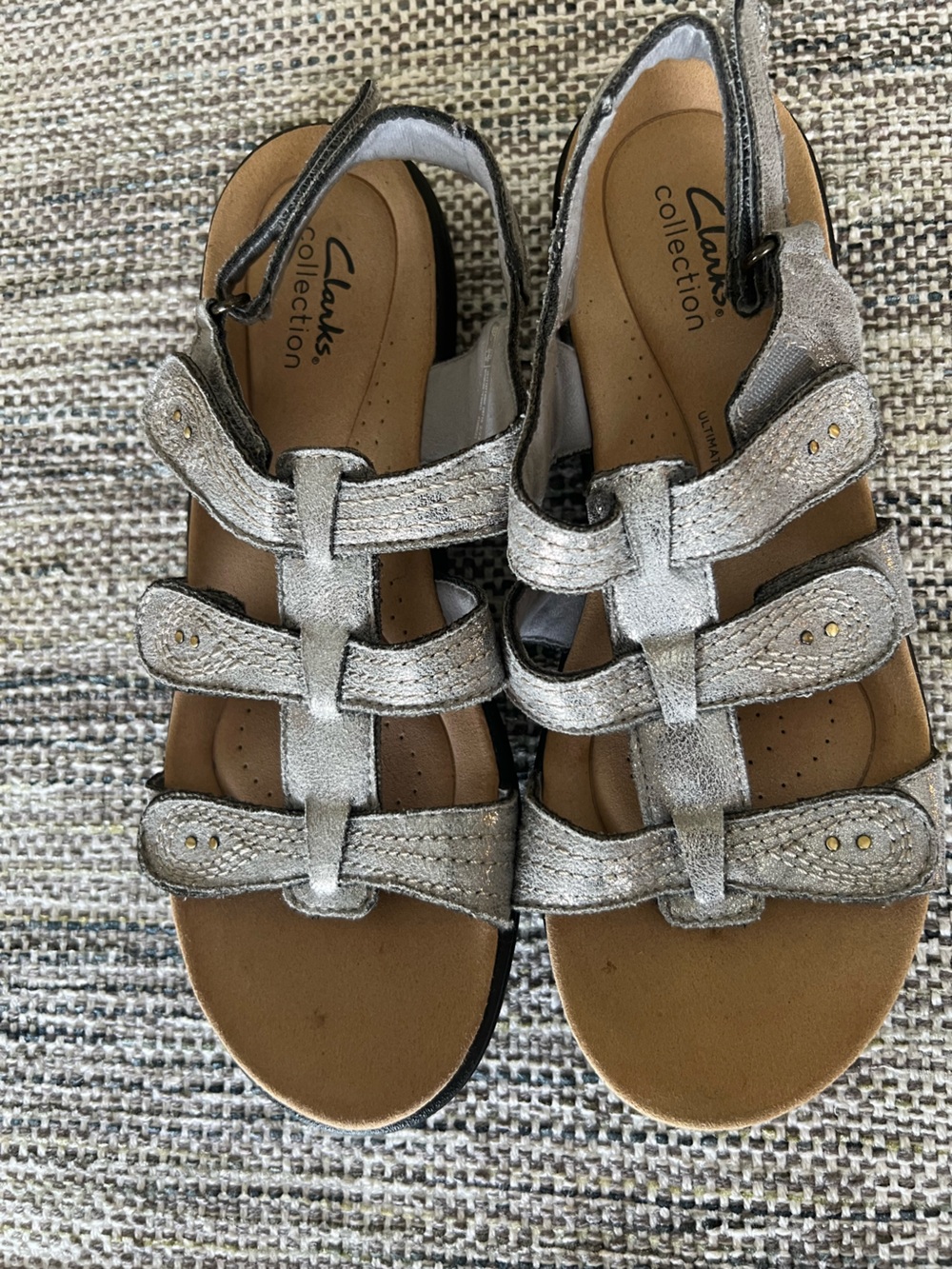 Clarks Metallic Silver T-Strap Leather Sandals for Women